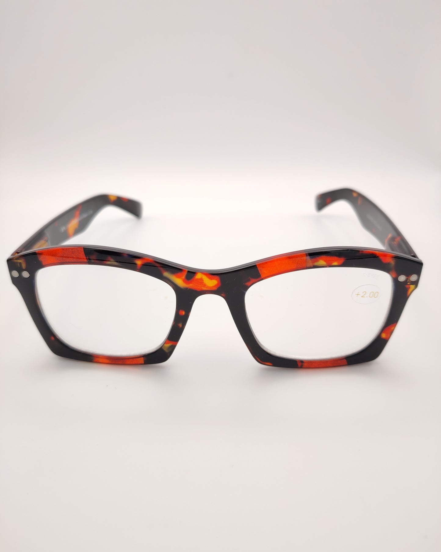 gafas premontadas para presbicia modelo k_eyes_k23-flame con montura rectangular en acetato carey rojo y detalles vintage