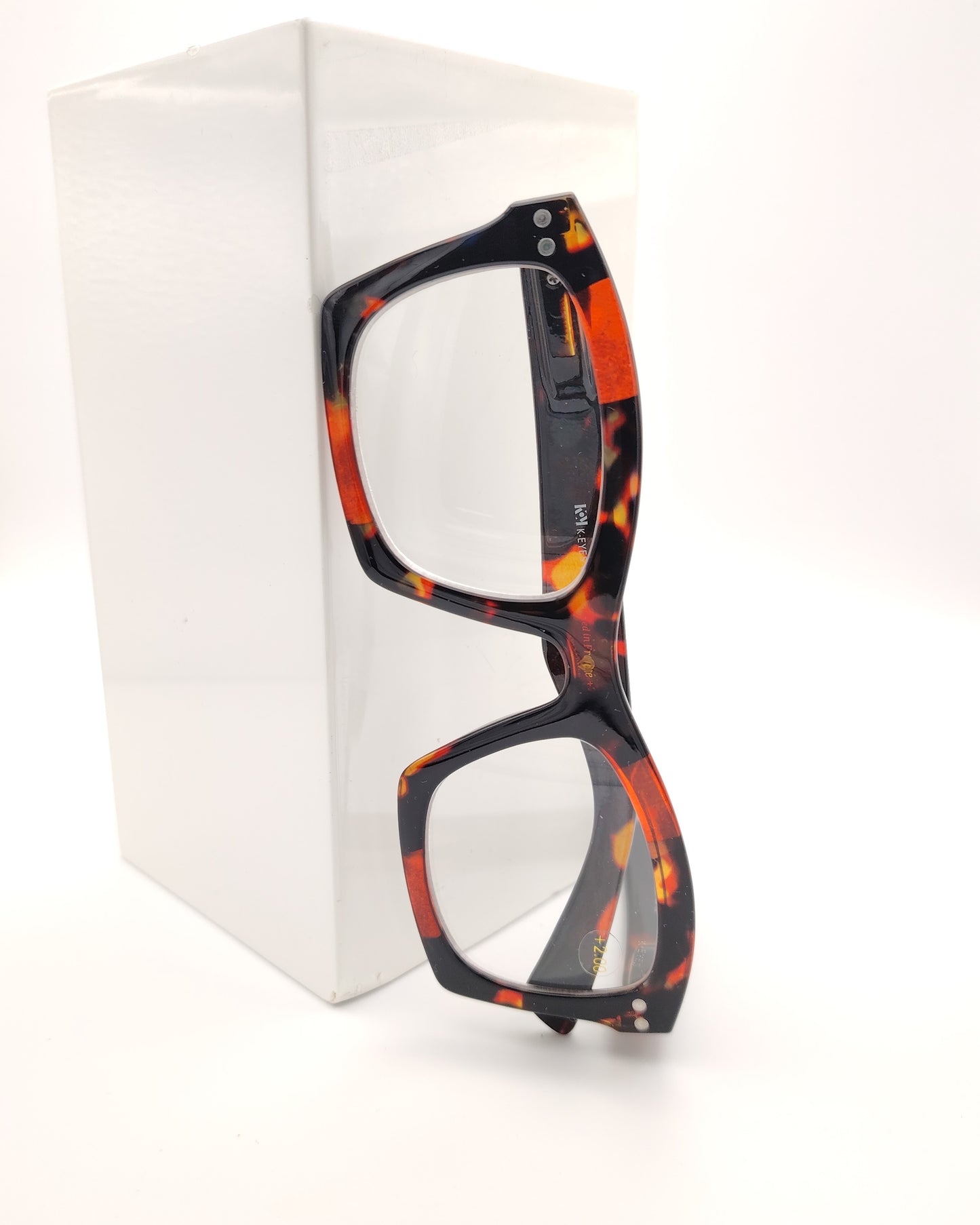 gafas premontadas para presbicia modelo k_eyes_k23-flame con montura rectangular en acetato carey rojo y detalles vintage