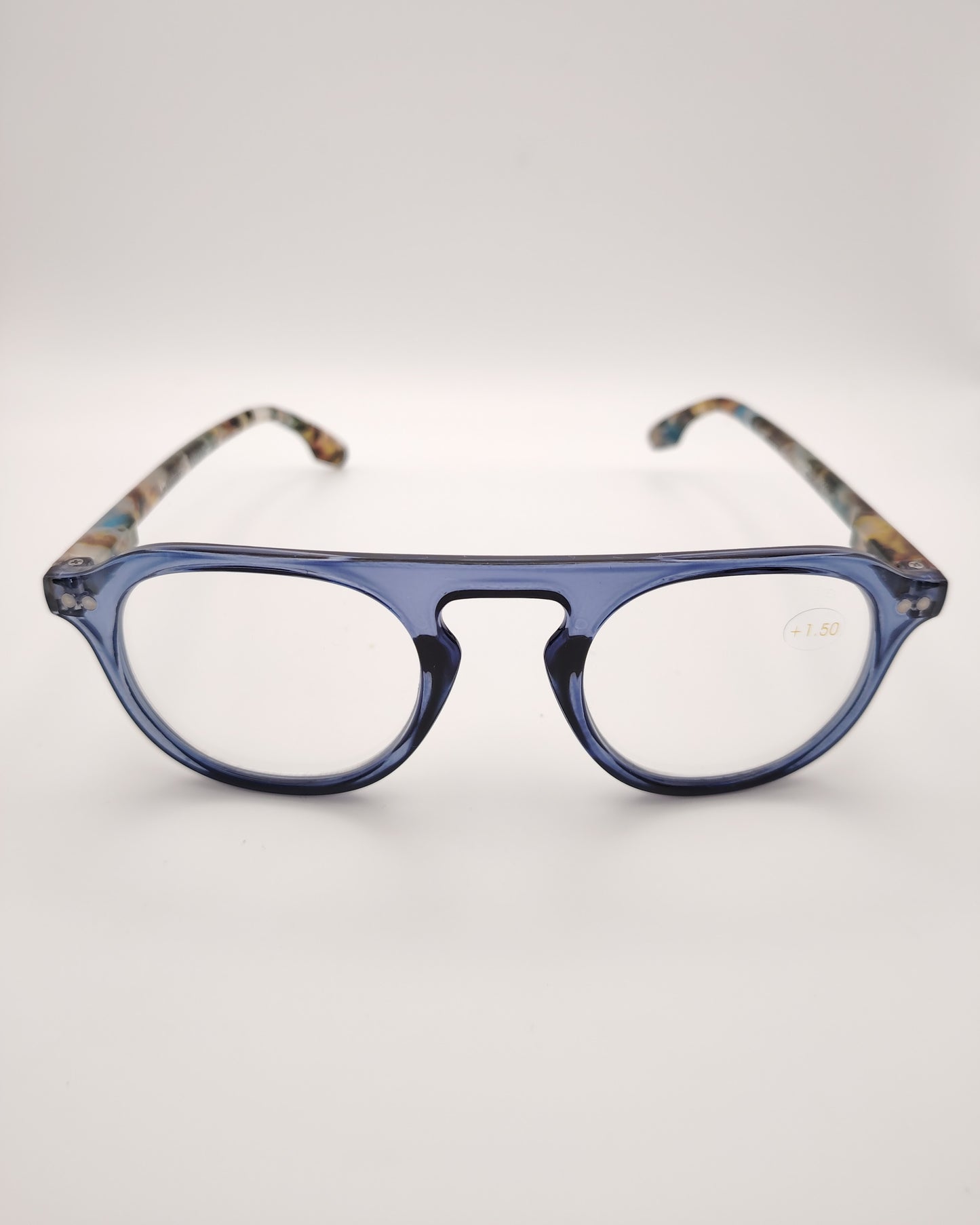 gafas premontadas para presbicia modelo k_eyes_k34-lilas con montura redonda en acetato translúcido azul y varillas con estampado carey