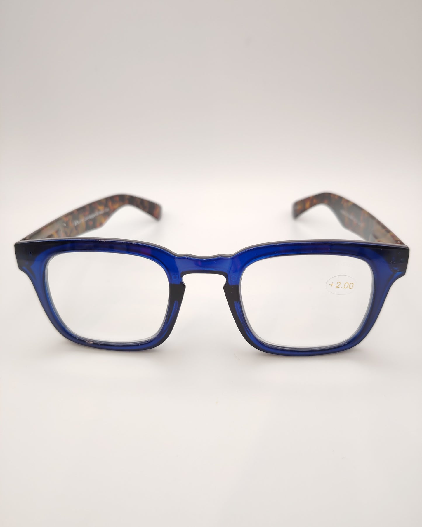 gafas premontadas para presbicia modelo k_eyes_ocean-20 con montura rectangular en pasta azul translúcido y varillas en estampado carey, diseño sofisticado y moderno