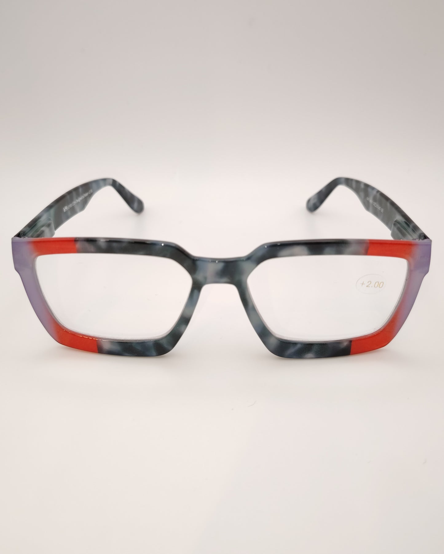 gafas premontadas para presbicia modelo k eyes k41-mistral con montura geométrica en acetato efecto mármol con detalles en rojo y lila