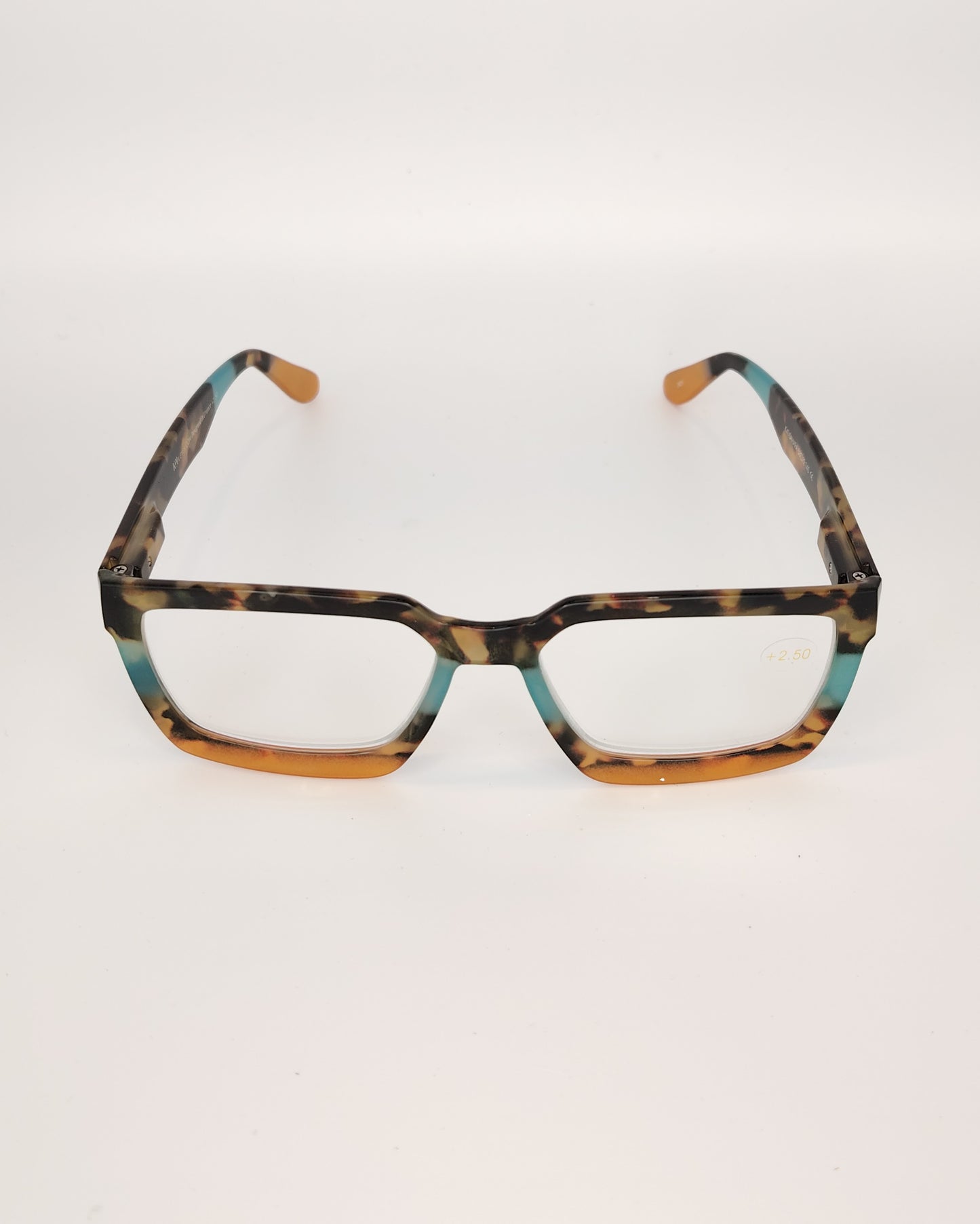 gafas premontadas para presbicia modelo k eyes k41-sahara con montura geométrica en acetato carey con tonos ámbar y turquesa, diseño audaz y sofisticado