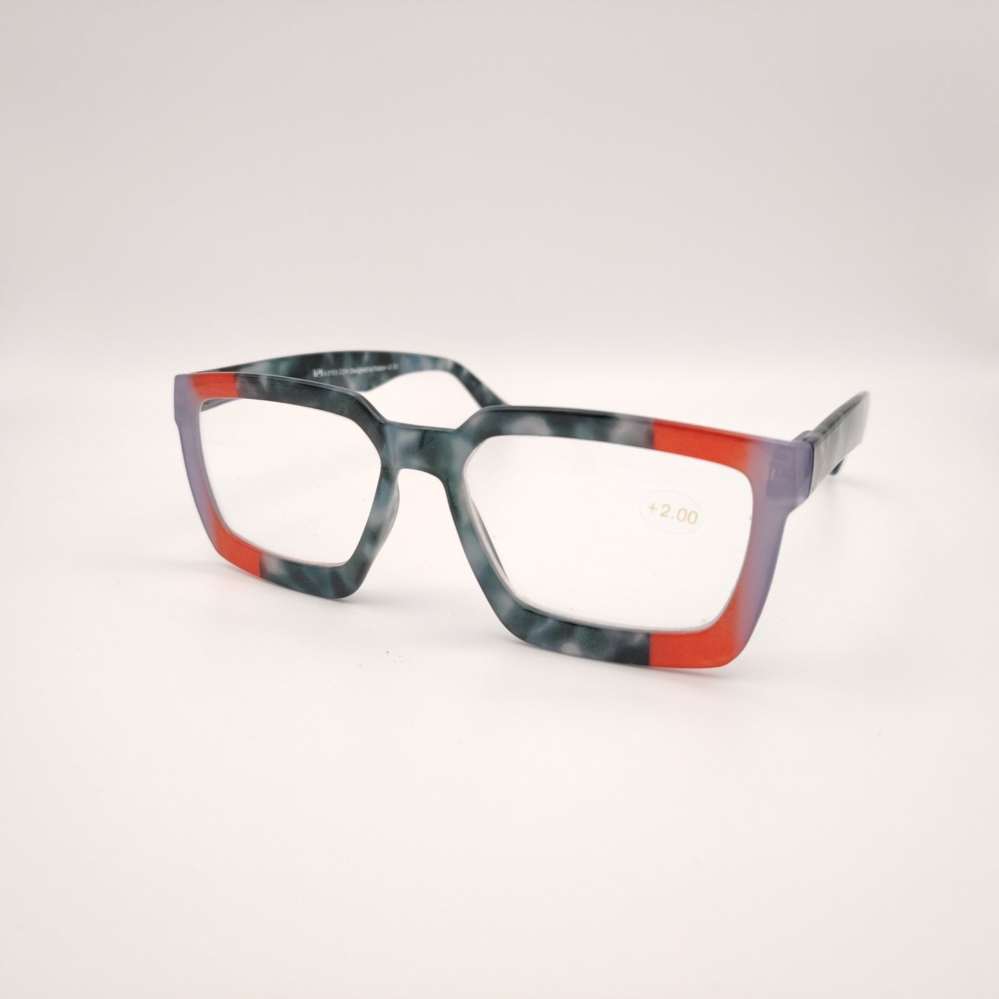 gafas premontadas para presbicia modelo k eyes k41-mistral con montura geométrica en acetato efecto mármol con detalles en rojo y lila