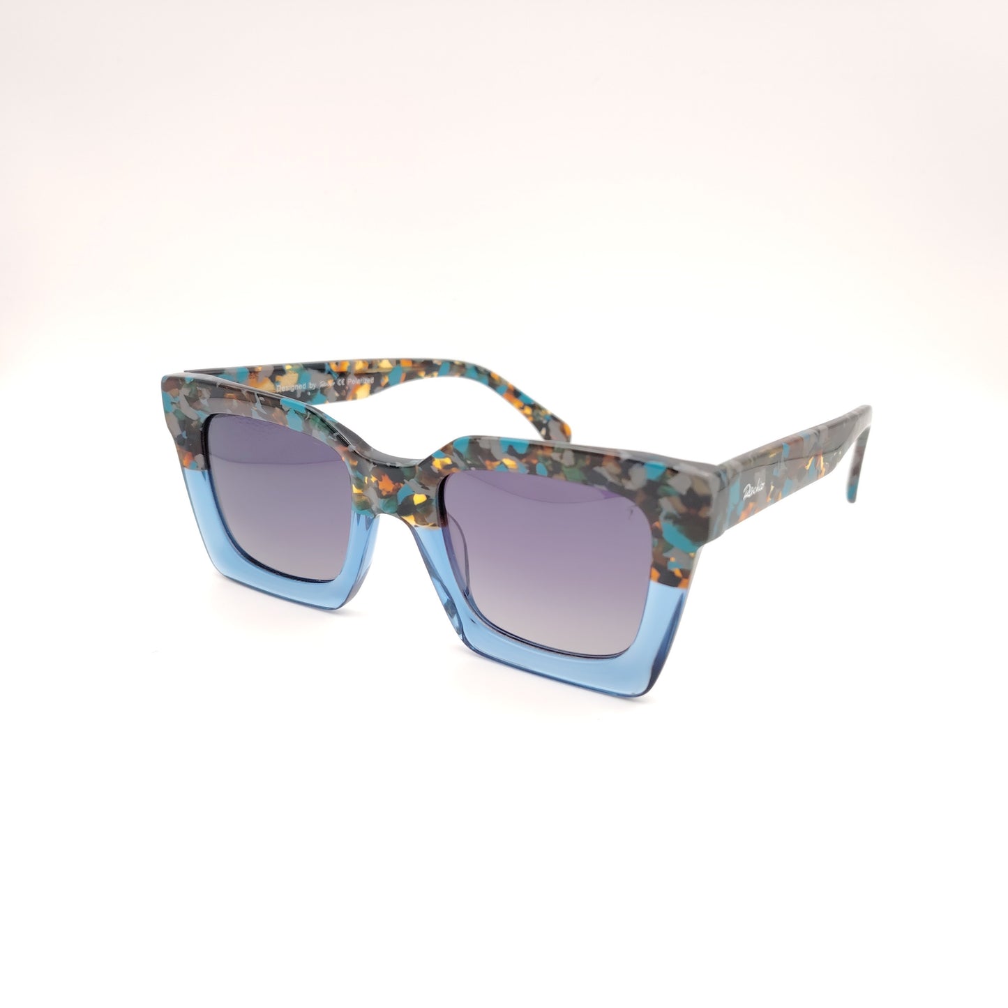 gafas de sol rischio r21428 c113 cuadradas de acetato azul con parte superior multicolor y lentes polarizada