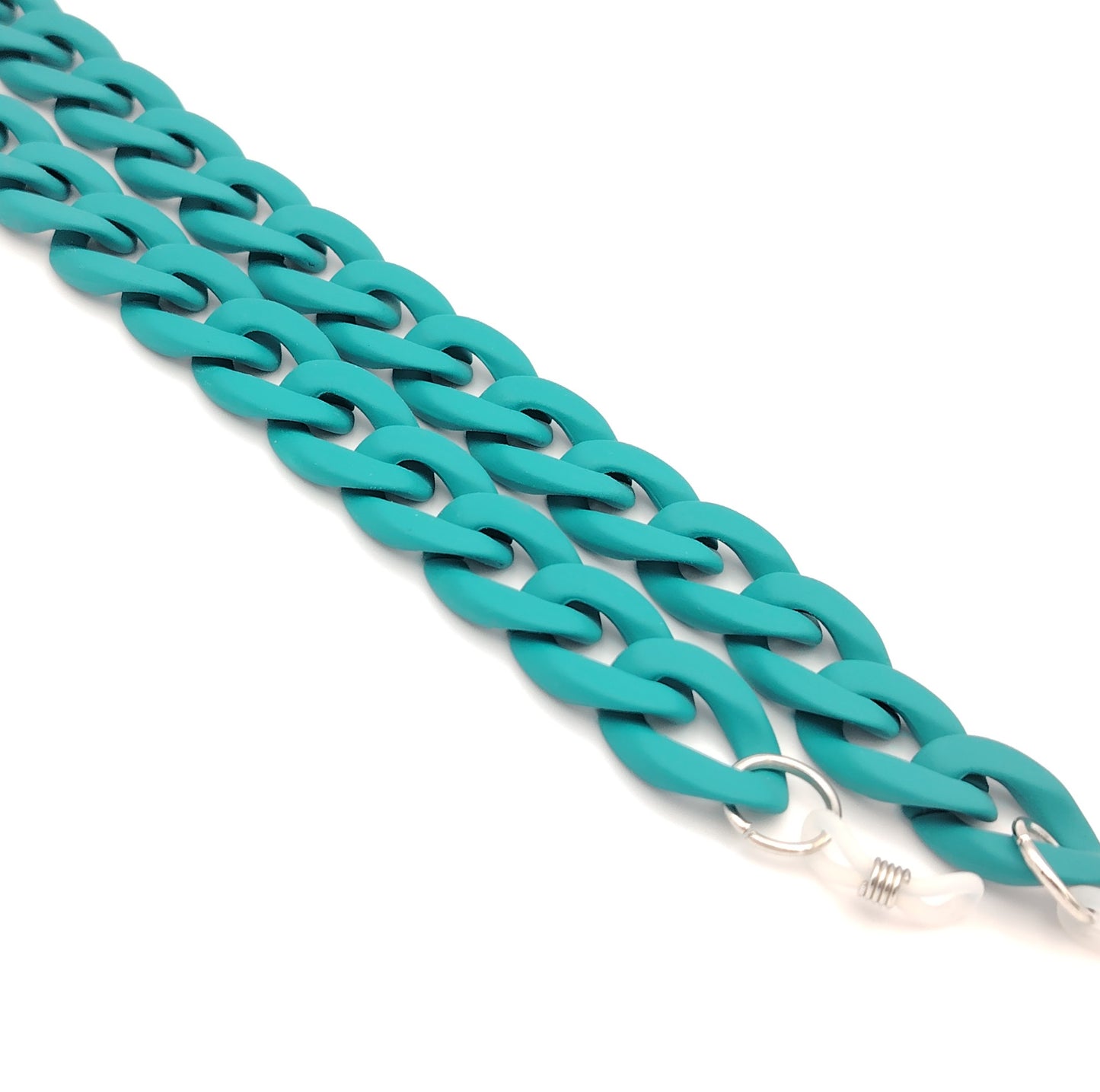 cadena de eslabones gruesos en color azul turquesa con acabado mate, diseñada para colgar gafas con estilo y personalidad