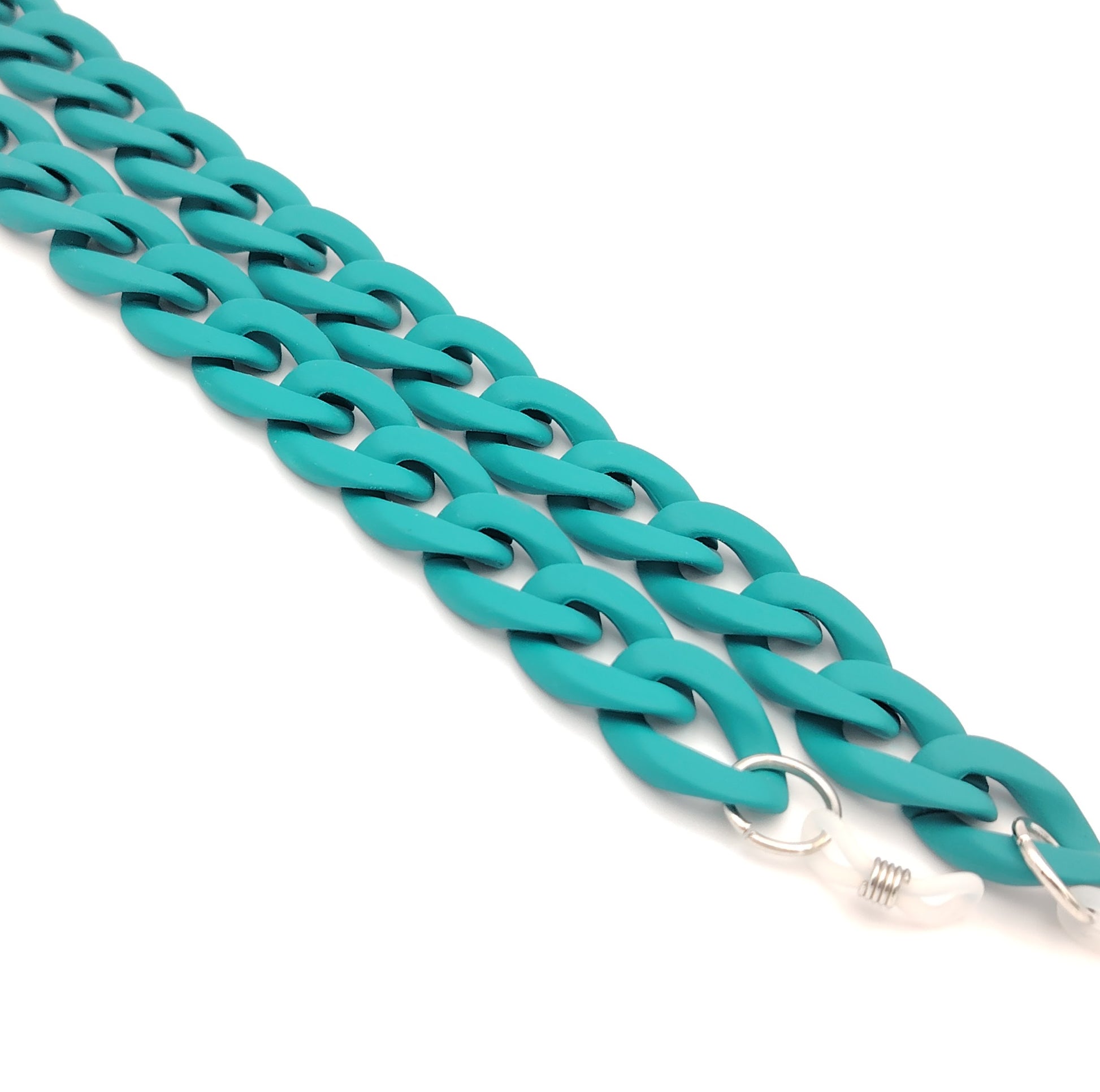 cadena de eslabones gruesos en color azul turquesa con acabado mate, diseñada para colgar gafas con estilo y personalidad