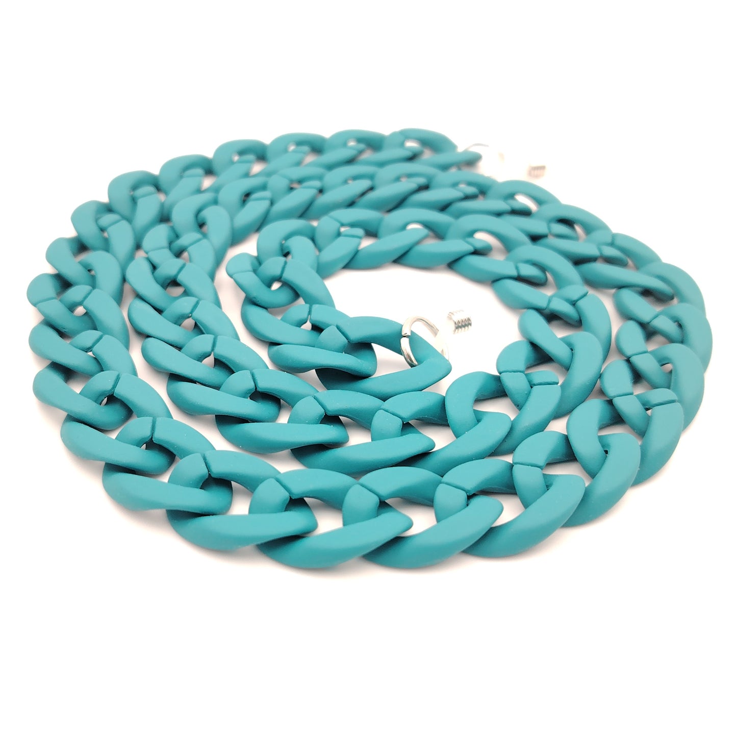 cadena de eslabones gruesos en color azul turquesa con acabado mate, diseñada para colgar gafas con estilo y personalidad