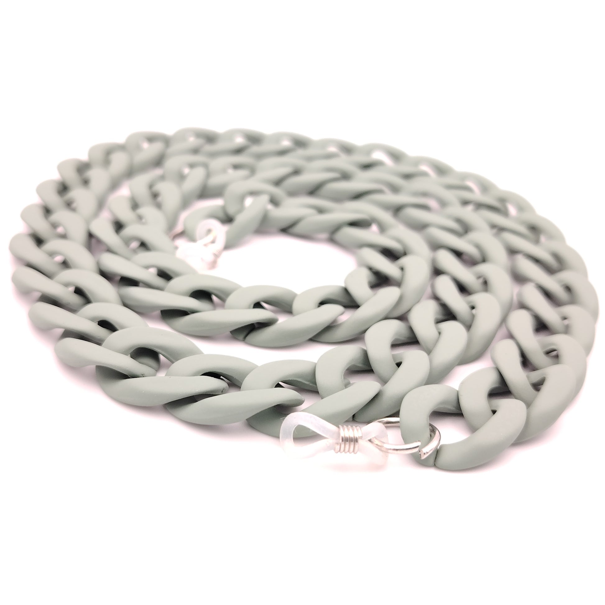 cadena de eslabones gruesos en color gris con acabado mate, diseñada para colgar gafas con estilo y personalidad