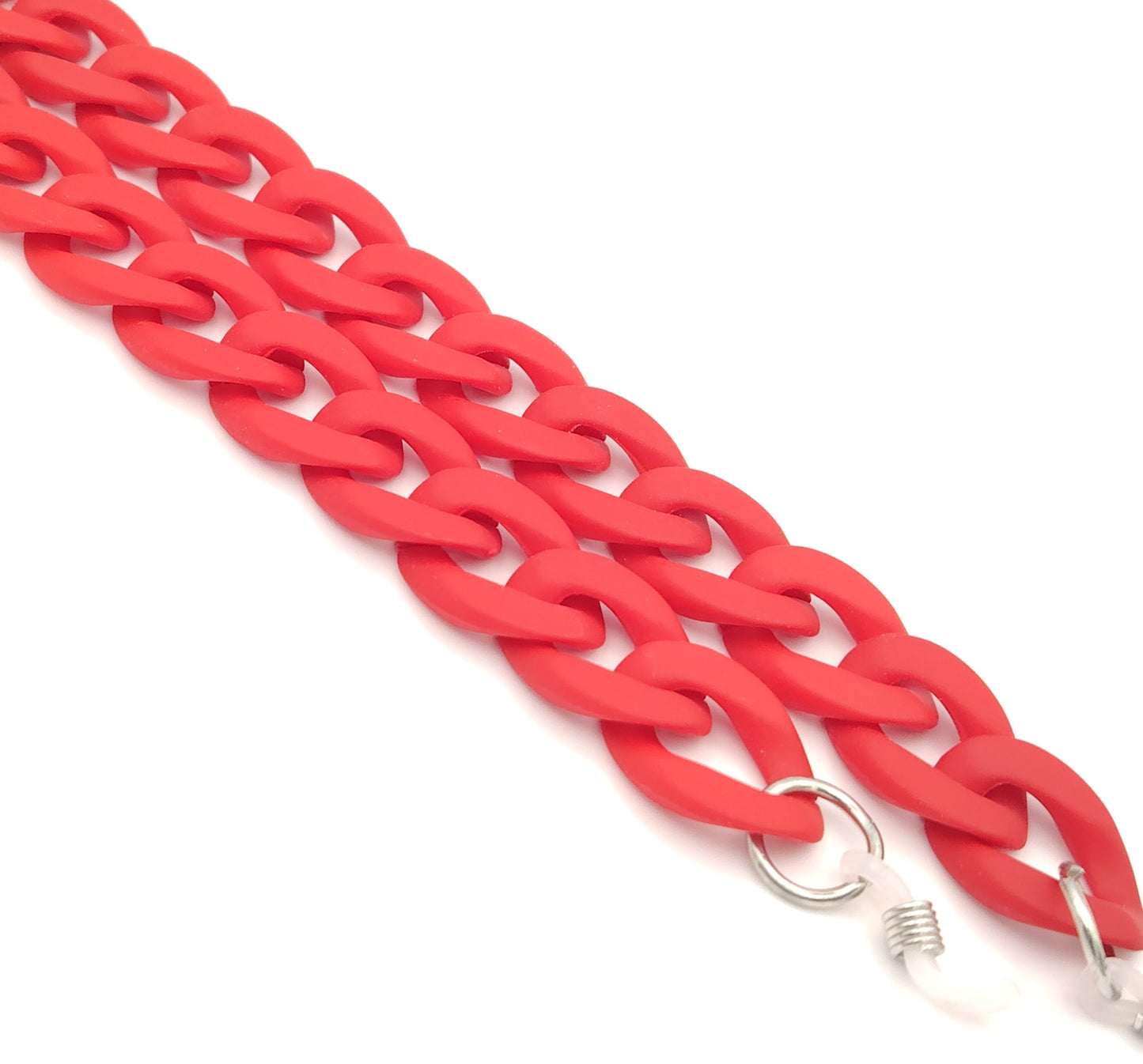 cadena de eslabones gruesos en color rojo con acabado mate, diseñada para colgar gafas con estilo y personalidad