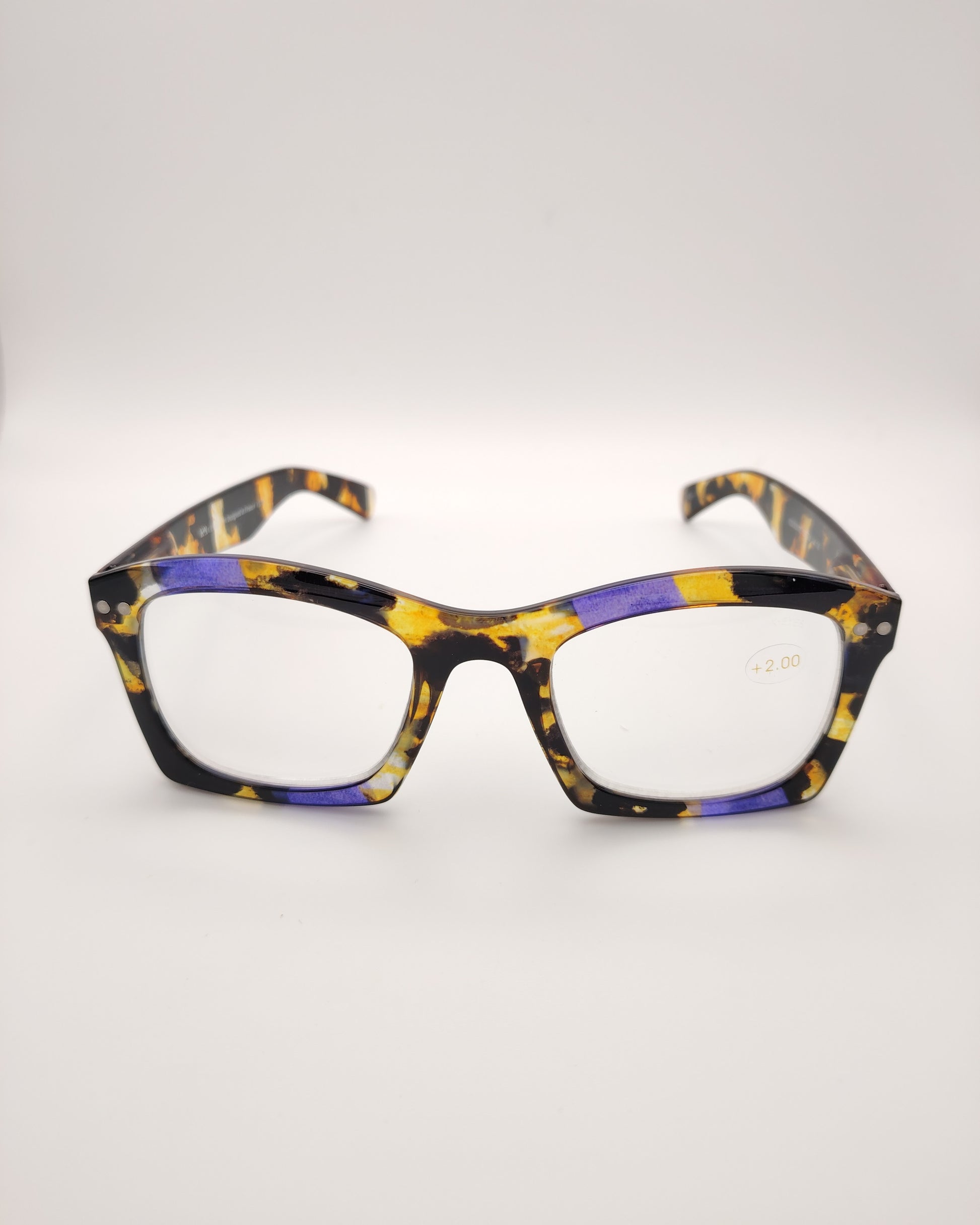 gafas premontadas para presbicia modelo k_eyes_k23-sunset con montura rectangular en acetato carey con detalles en tonos morado y amarillo, diseño moderno y llamativo
