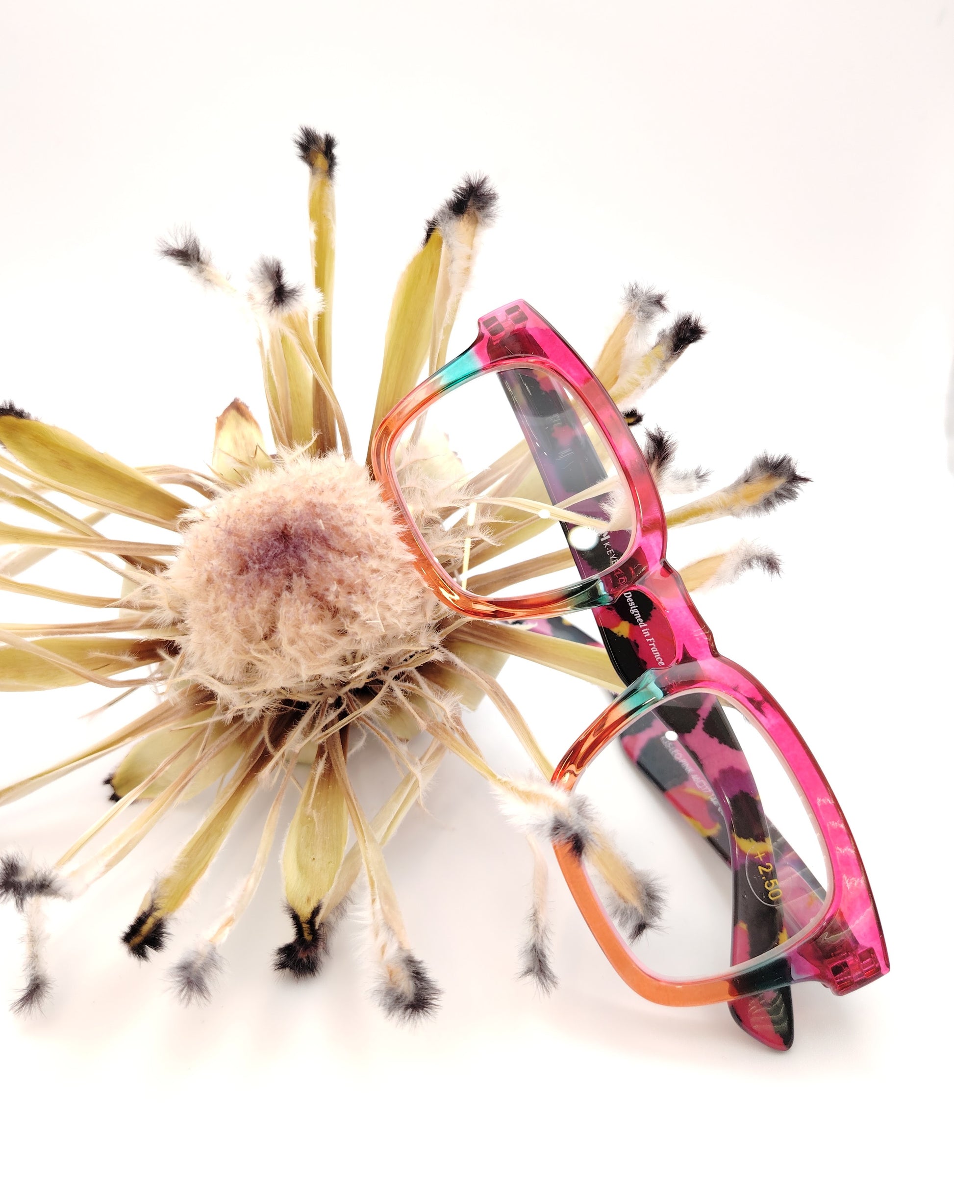 gafas premontadas para presbicia modelo k_eyes_k35-pink con montura cuadrada en pasta, degradado rosa, naranja y verde, y varillas en estampado carey