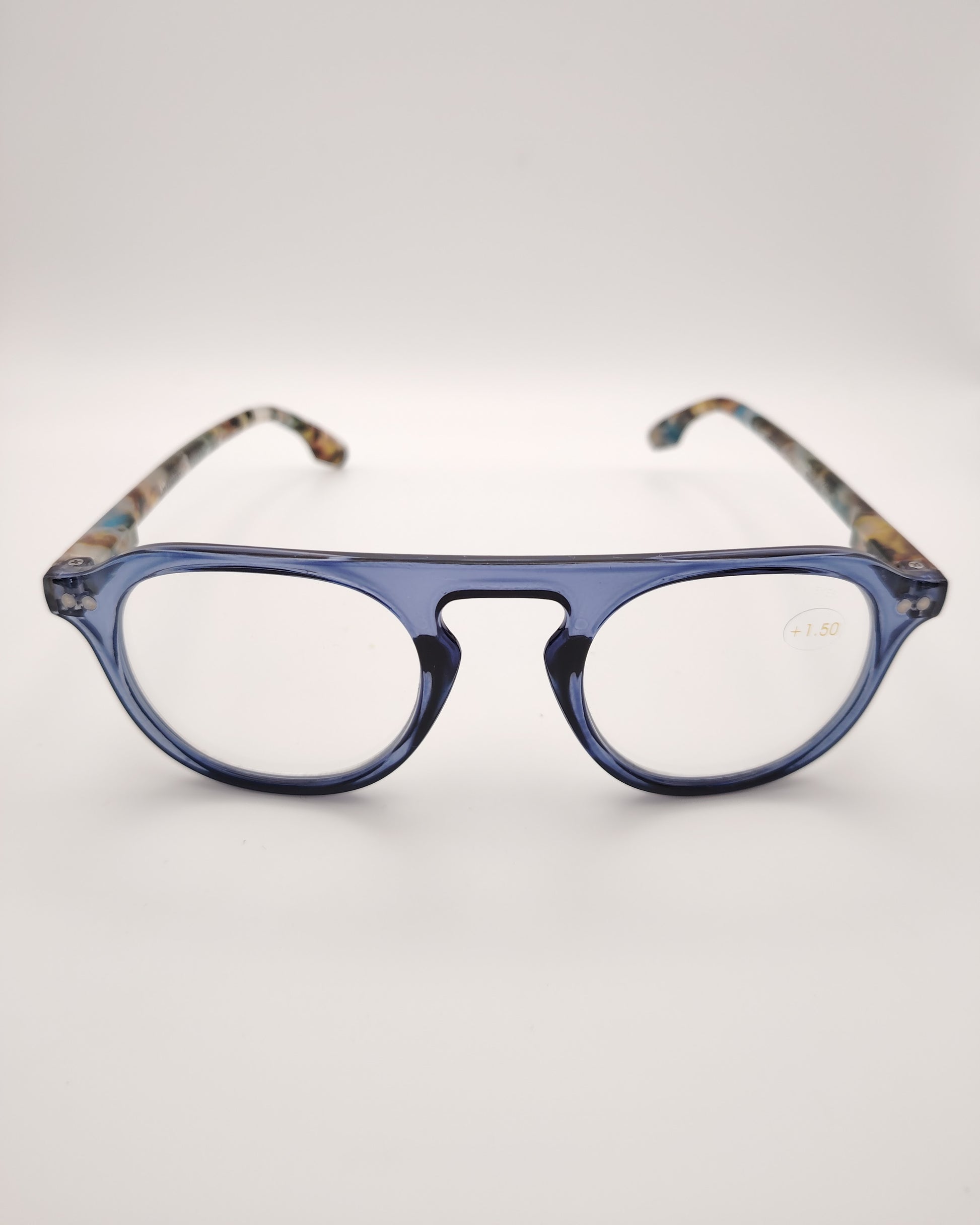 gafas premontadas para presbicia modelo k_eyes_k34-lilas con montura redonda en acetato translúcido azul y varillas con estampado carey