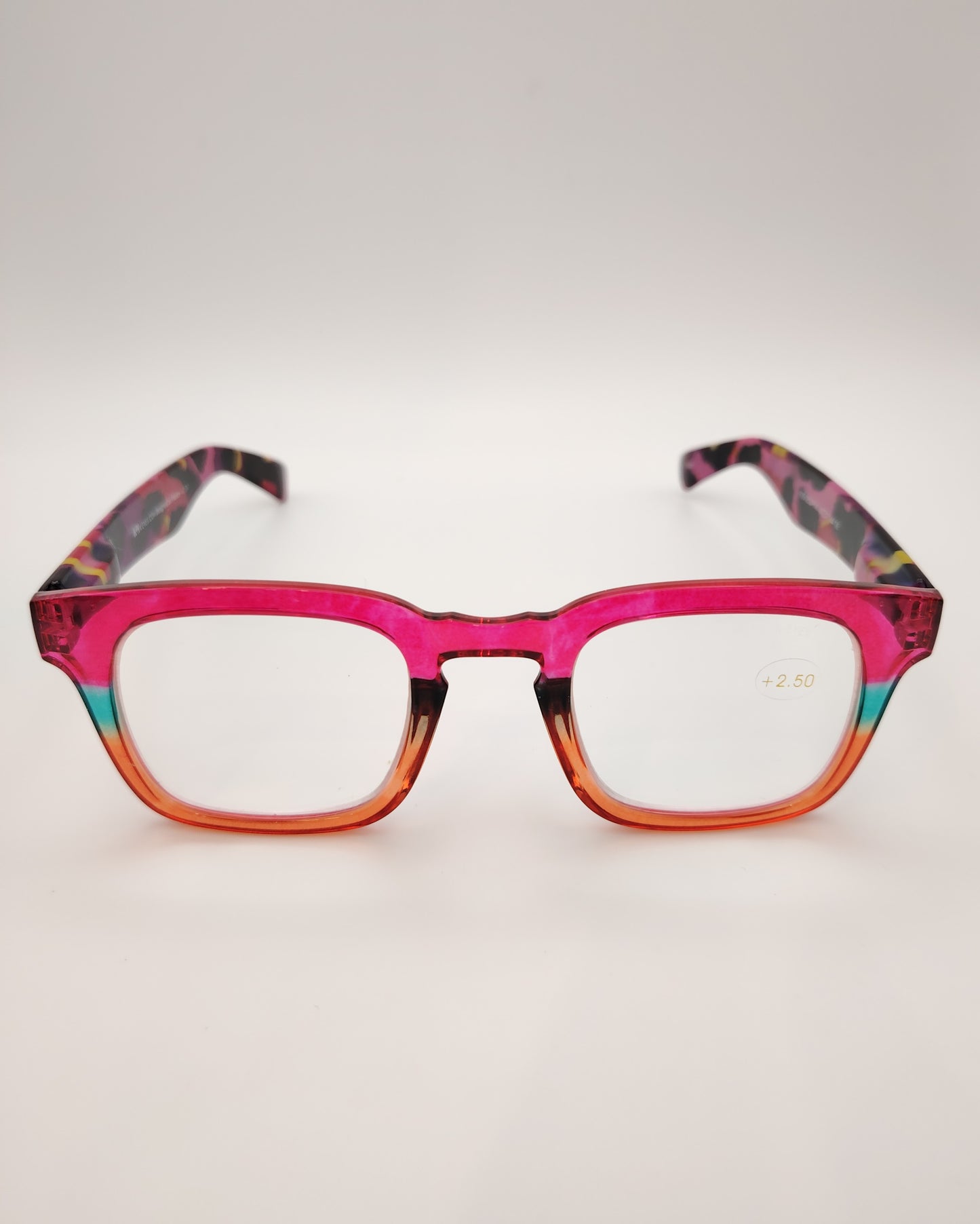 gafas premontadas para presbicia modelo k_eyes_k35-pink con montura cuadrada en pasta, degradado rosa, naranja y verde, y varillas en estampado carey