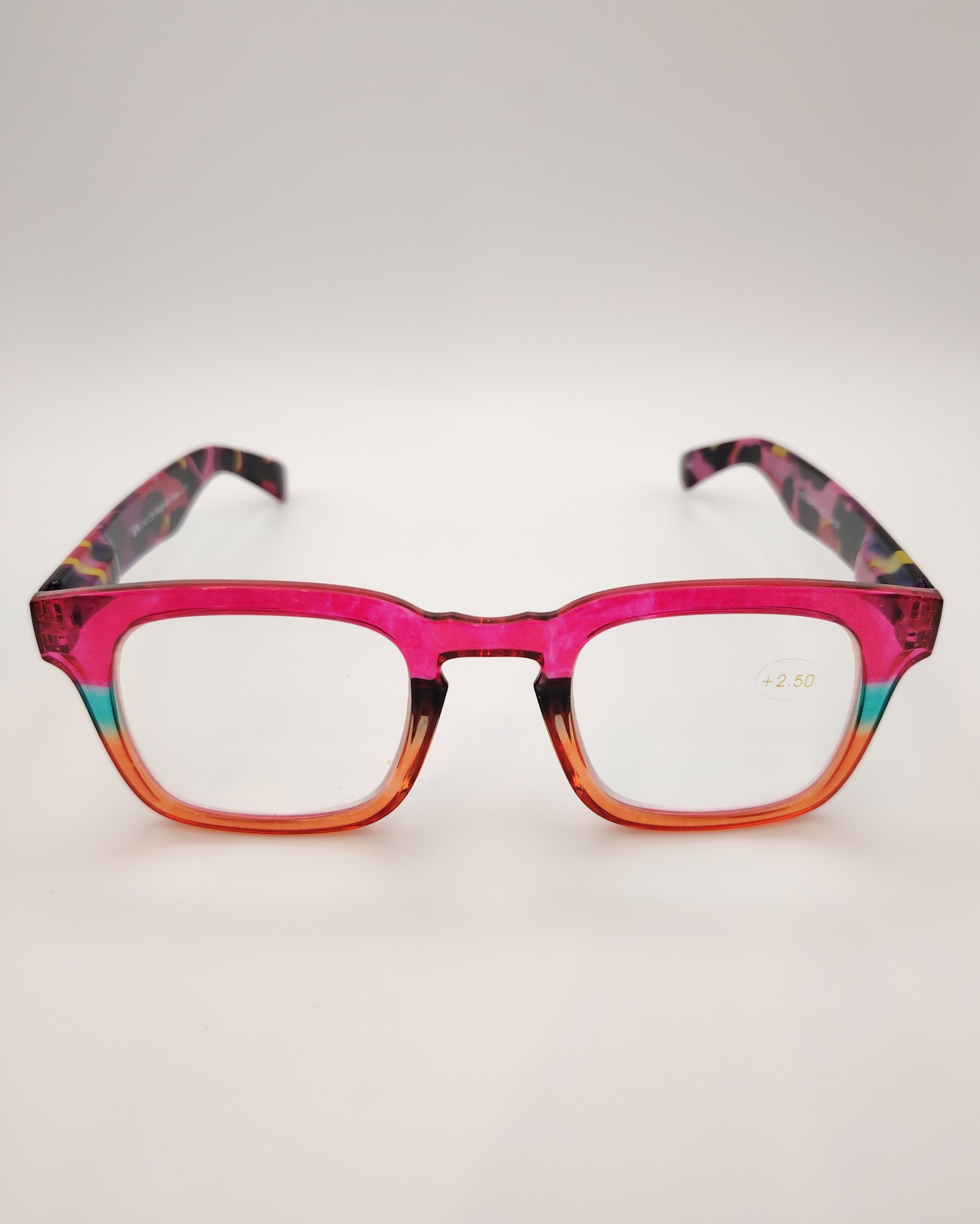 gafas premontadas para presbicia modelo k_eyes_k35-pink con montura cuadrada en pasta, degradado rosa, naranja y verde, y varillas en estampado carey