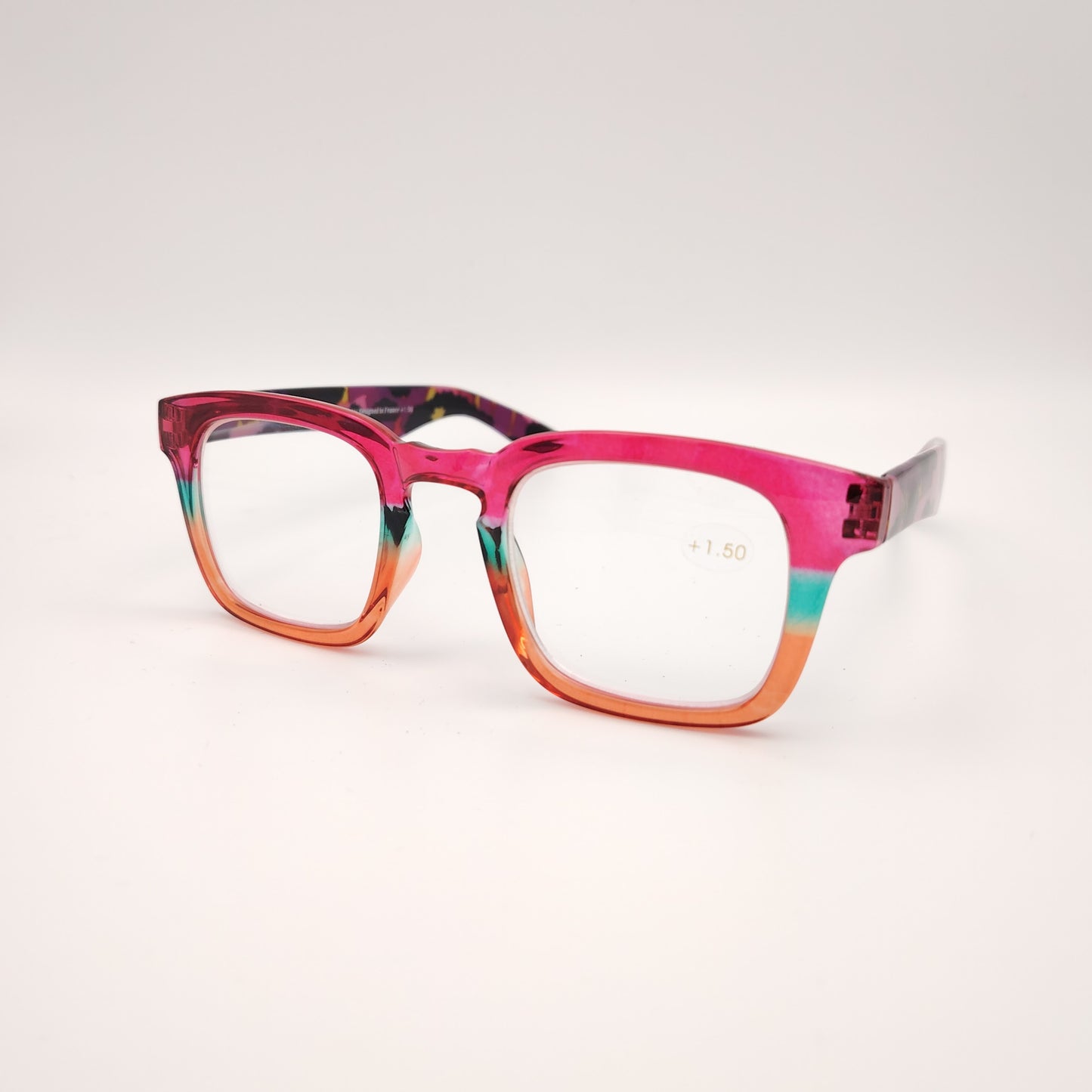 gafas premontadas para presbicia modelo k_eyes_k35-pink con montura cuadrada en pasta, degradado rosa, naranja y verde, y varillas en estampado carey