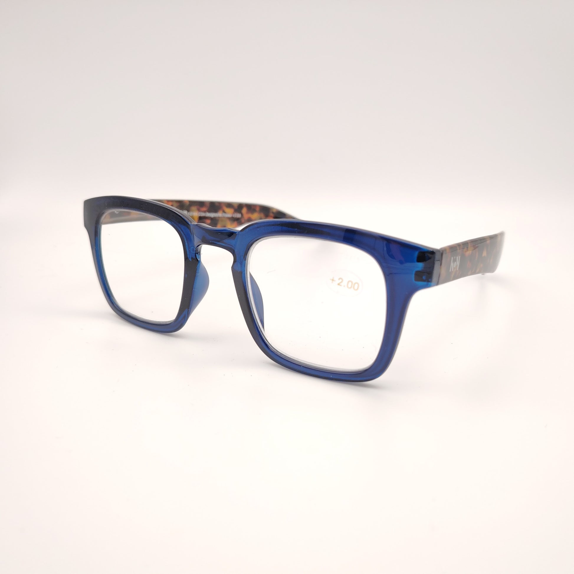 gafas premontadas para presbicia modelo k_eyes_ocean-20 con montura rectangular en pasta azul translúcido y varillas en estampado carey, diseño sofisticado y moderno