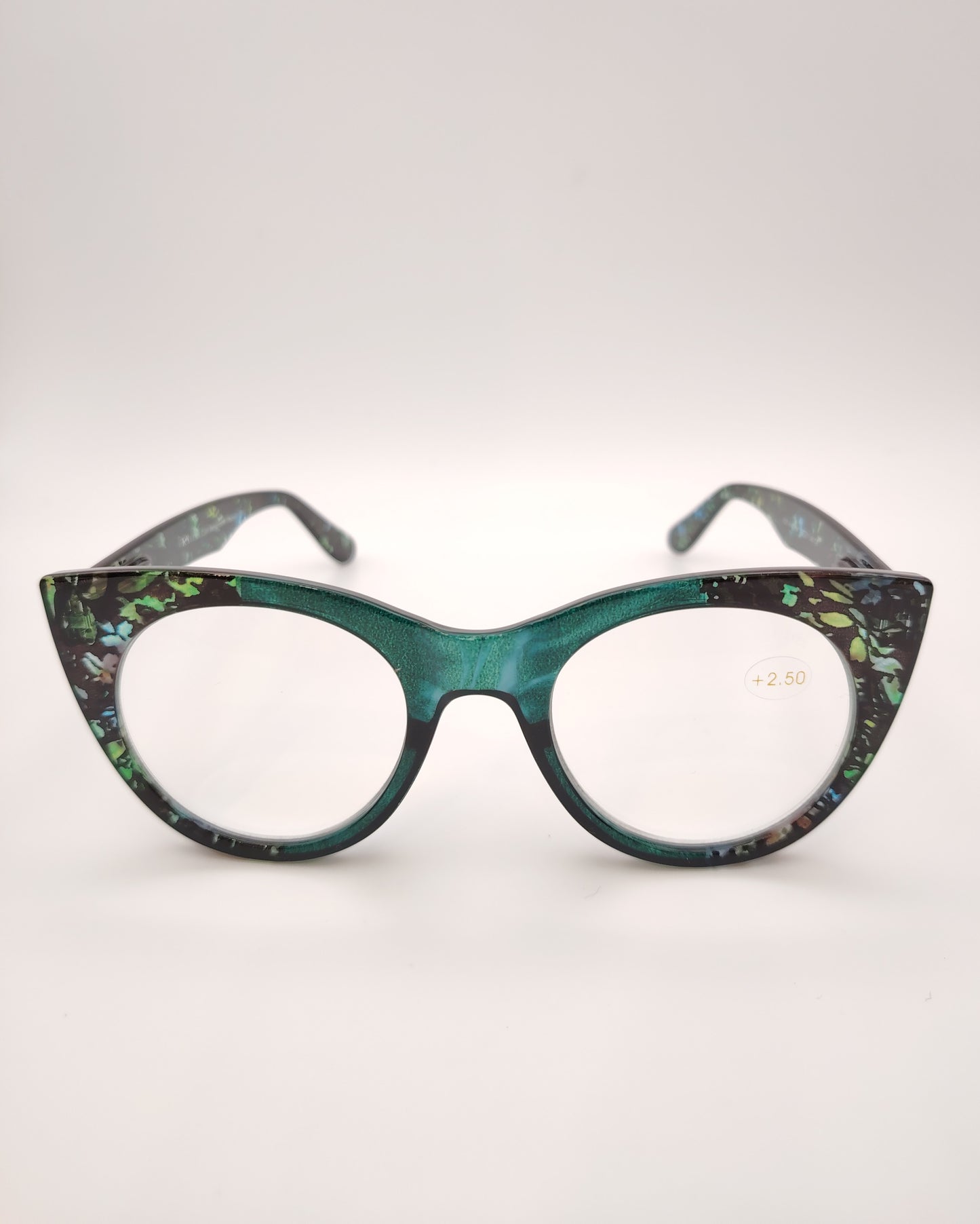 afas premontadas para presbicia modelo k eyes k38 matcha con montura cat-eye en acetato verde translúcido con detalles florales, diseño elegante y original