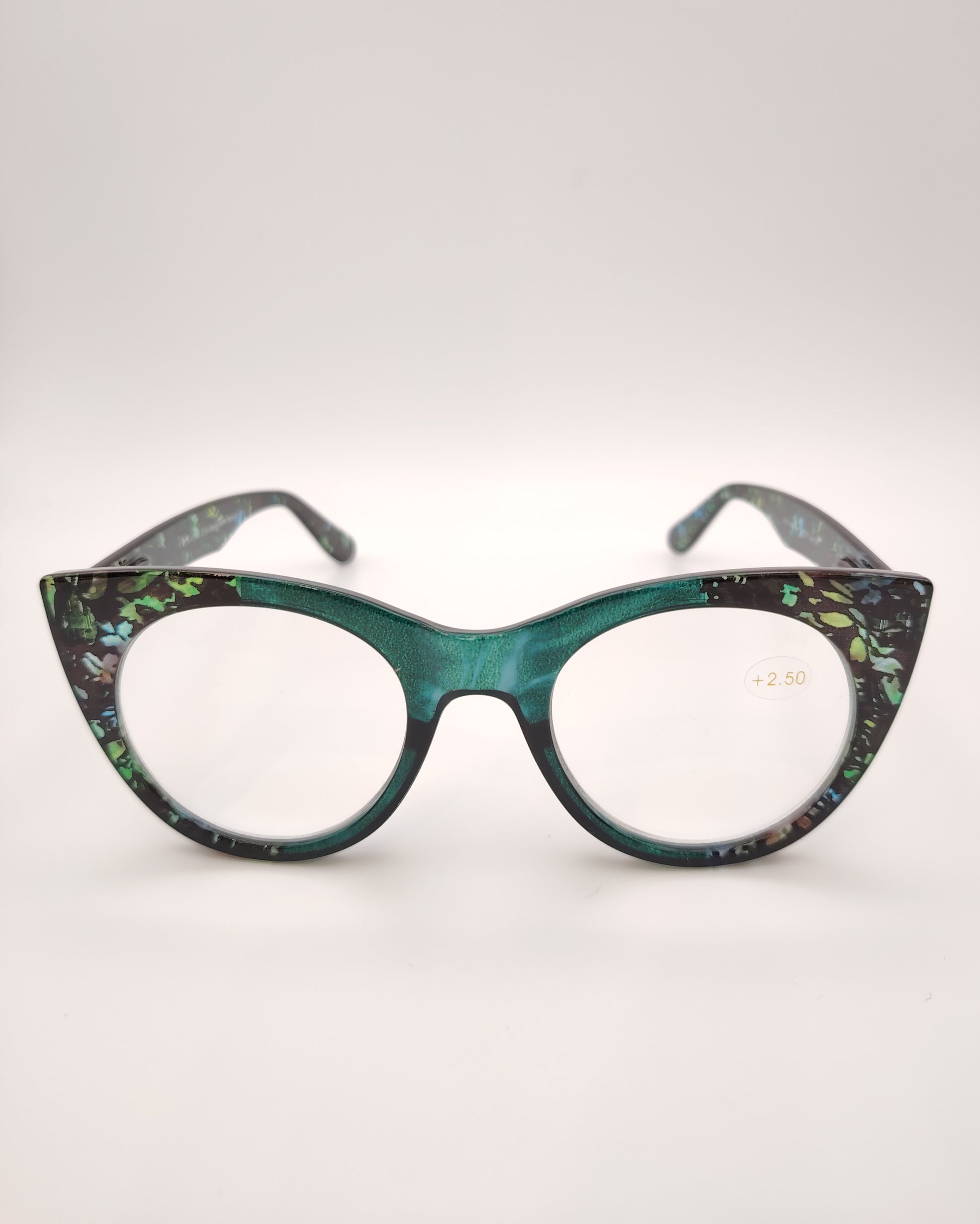 afas premontadas para presbicia modelo k eyes k38 matcha con montura cat-eye en acetato verde translúcido con detalles florales, diseño elegante y original