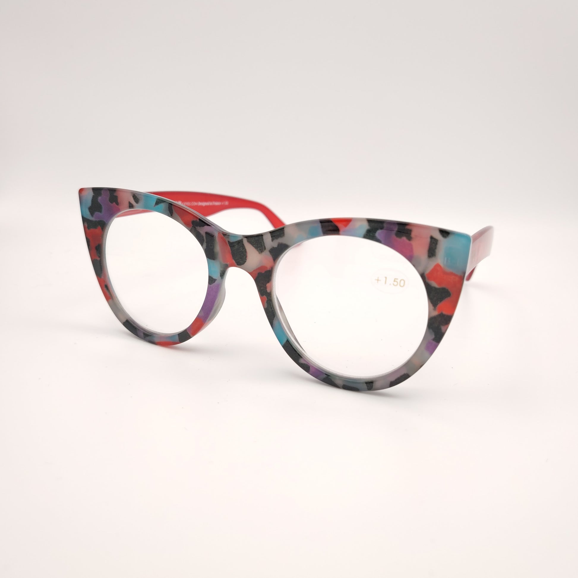 gafas de presbicia k eyes k38 con estampado multicolor estilo camuflaje en tonos rojos azules y lilas
