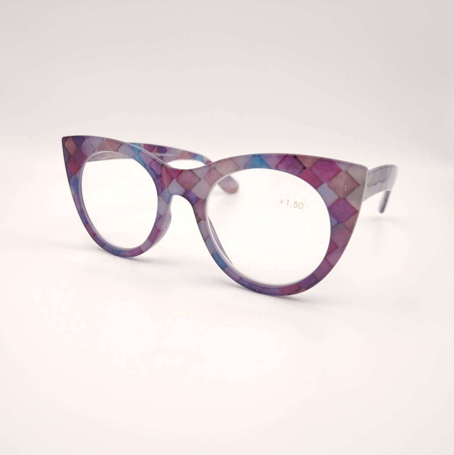 gafas premontadas para presbicia modelo k_eyes_k38-safi con montura cat-eye en acetato estampado geométrico en tonos morado, azul y rosa, diseño sofisticado y original