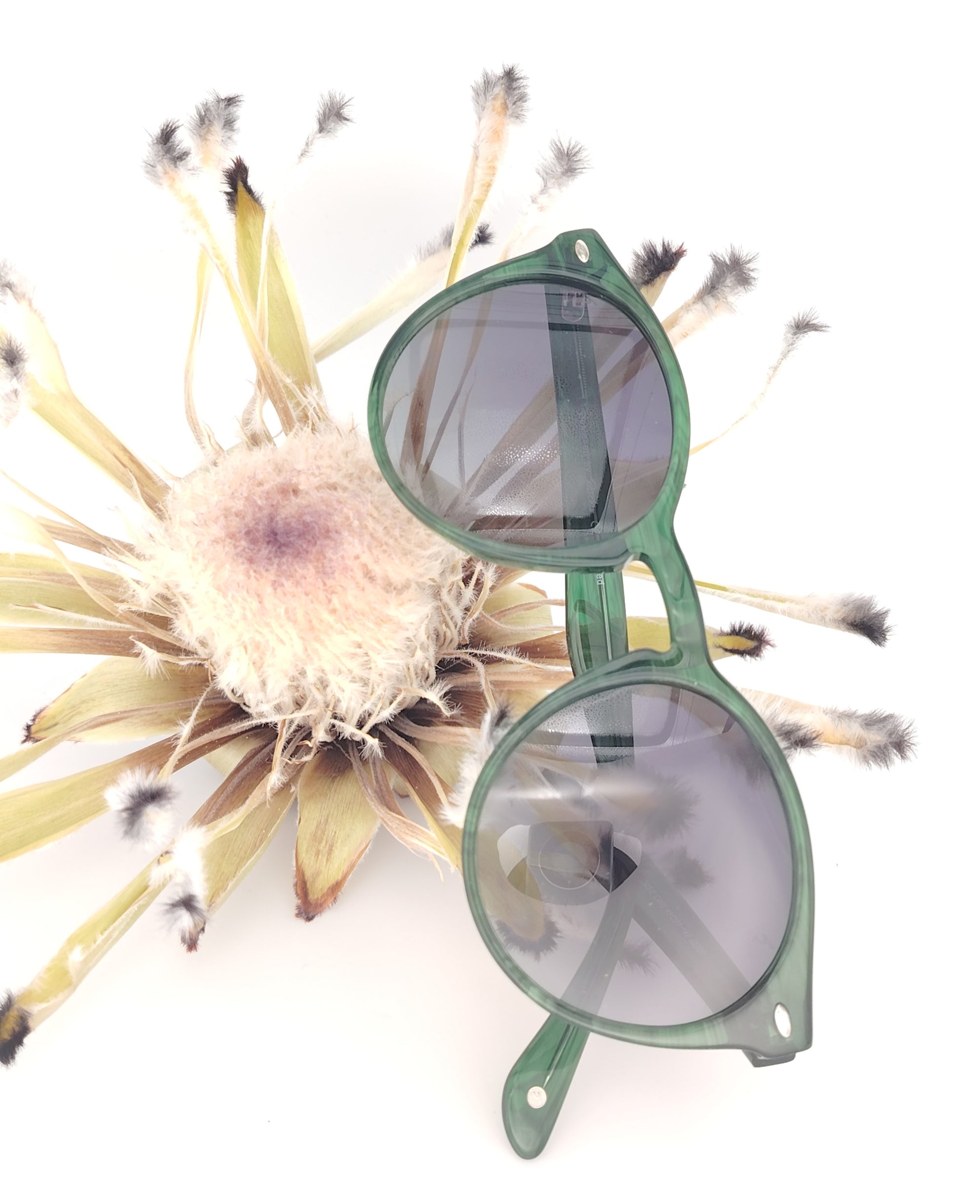 gafas de sol rischio modelo r21043 c406 con montura redonda en acetato verde translúcido y lentes polarizadas oscuras, diseño clásico con un toque moderno