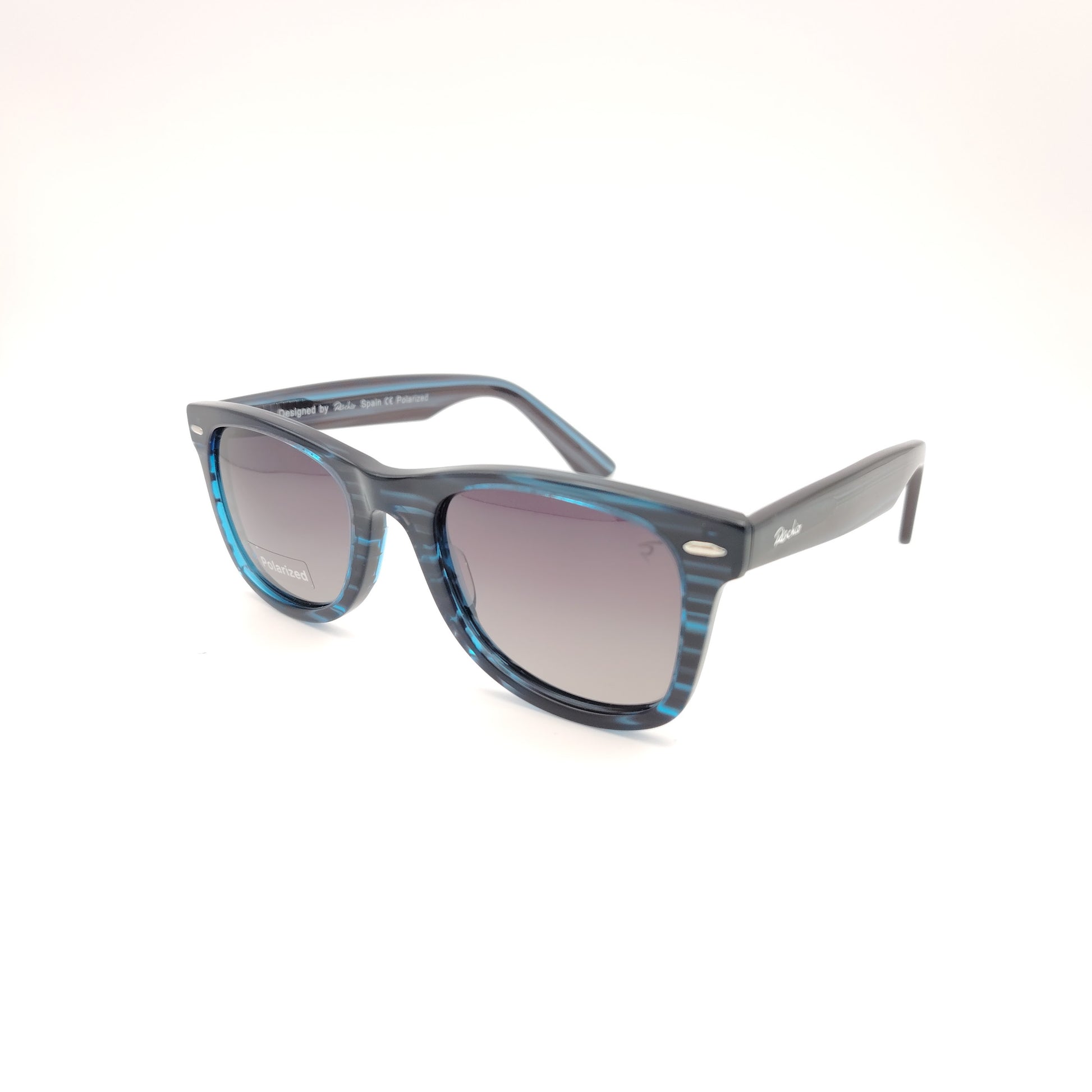 gafas de sol rischio azul con montura jaspeada y lentes polarizadas degradadas
