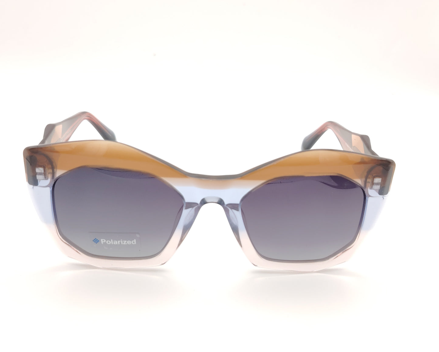 gafas de sol modelo rischio r21464-0 c08 en degradado marrón y lila traslúcido con montura geométrica y patillas facetadas, estilo cat eyes