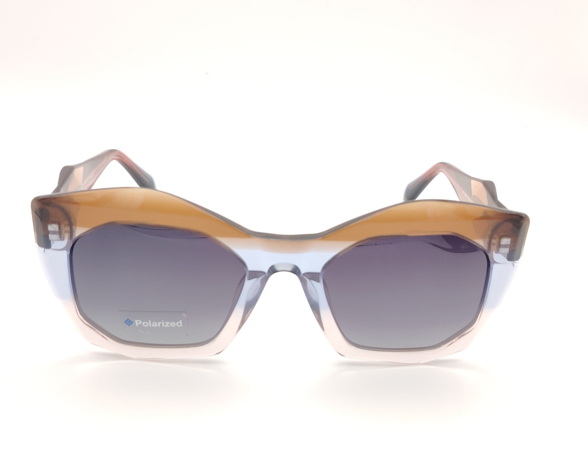 gafas de sol modelo rischio r21464-0 c08 en degradado marrón y lila traslúcido con montura geométrica y patillas facetadas, estilo cat eyes