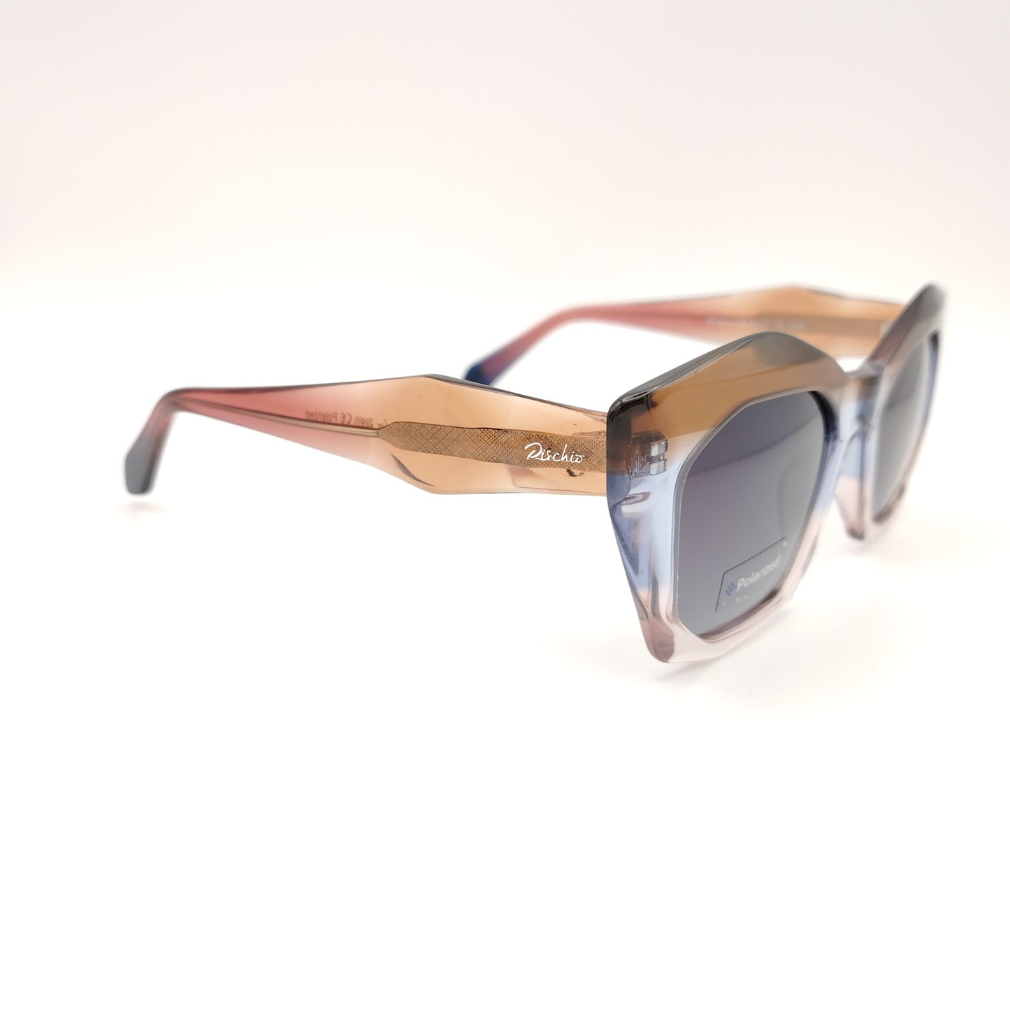 gafas de sol polarizadas con montura en degradado marrón y azul y lentes oscuras